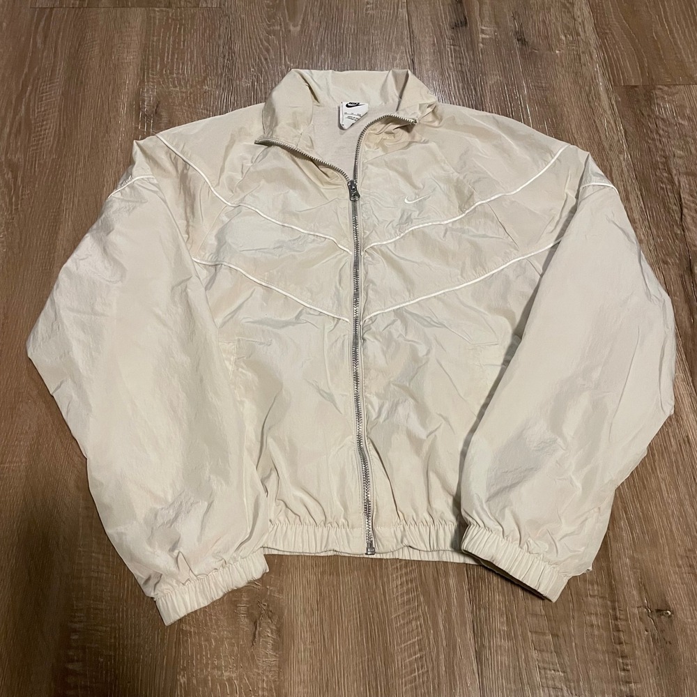Nike Mens XS Windbreaker Jacket Off White Nylon Chevron Full Zip Sportswear